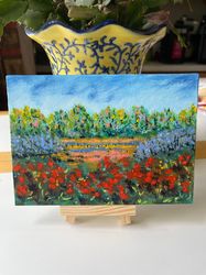 Original Landscape painting, flower field 5x7 wall art on canvas board