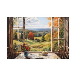 new england autumn window  landscape painting  stretched canvas on frame