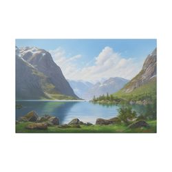 nordic fjords oil painting print on canvas vintage wall art painting of scandinavian landscape sea and mountains