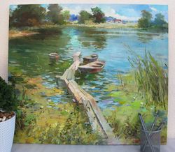 original painting, vintage, modern painting, oil painting, impressionism, landscape, boats on the pond, 2017, y suprunch