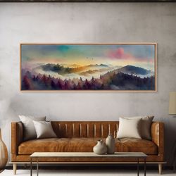 dramatic watercolor sunset landscape, ready to hang canvas print, panoramic, emerald green landscape wall decor, waterco