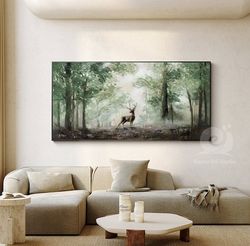 Impressionist Landscape Oil Painting on Canvas, Large Original Forest and Deer Canvas Wall Art, Modern Trees and stag Pa