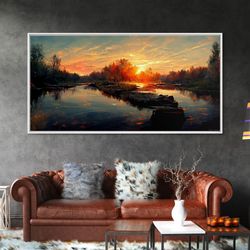 Lake Sunset Oil Painting On Canvas, Canvas Print, Ready to hang gallery wrapped nature canvas print, Lake Art, lake life