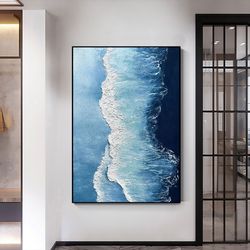 original blue ocean wave oil painting on canvas, large wall art, abstract sea beach landscape painting, custom painting,