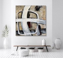 32x32 Original Beige Oil Painting With White Abstract Figures Modern Wall Hanging Artwork Decor for Home WHITE CROSS