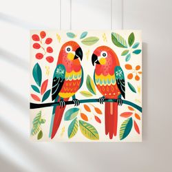 Parrots Ukrainian art, Picturesque birds, Petrikov art of Ukraine, Bird prints - Set of 3