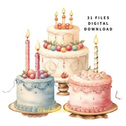 Vintage cake with candles in shabby chic style in watercolor - 31 clipart, Child's birthday cake - Set of 31