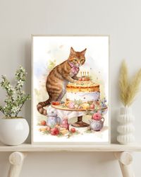 Whimsical Cat Art, Funny Cat print, Vintage Cat Painting, Birthday art gift, Birthday cake art, Birthday gift