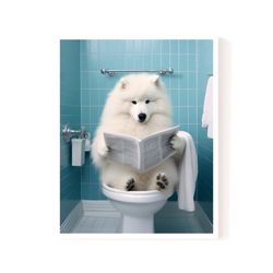 Samoyed, Samoyed sitting on the toilet and reading a newspaper, Fun bathroom wall decor, Fun and quirky animal prints