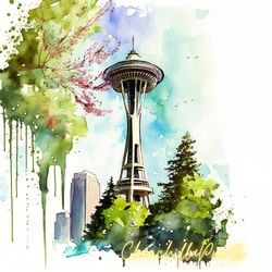Seattle Space Needle Art Print Wall Decor Painting landmarks Washington Watercolor Painting Art Big Cities Painting