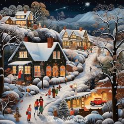 winter landscape, christmas village, scandinavian village in winter, christmas time, christmas art, winter art, snow art