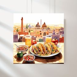 mexican taco wall art, mexico city tacos, watercolor mexican taco, mexico city landscape, mexican kitchen wall decor, 11