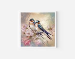 Two swallows on the brunch, swallow bird art, swallows art print, swallow bird print, romantic art, soft pastel painting