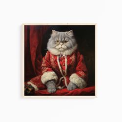 persian cat wearing santa clothes, santa hat, persian cat art print, funny christmas art, fun christmas decor, cute cat