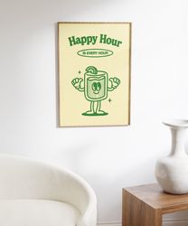 Happy Hour, Retro Character Wall Art, Downloadable Art, Wall Decor, Large Printable Art, Printable Wall Art Retro, Illus