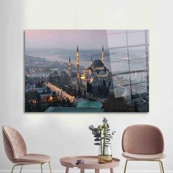 constantinople tempered glass, suleymaniye mosque glass wall, city landscape tempered glass, islamic landscape glass wal