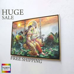 colorful canvas, radha krishna table, hindu canvas, hindu gift, indian canvas, wall hanging canvas, gold framed canvas,