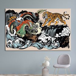 Animal Art Canvas, Japanese Artwork, Japanese Tiger and Dragon Printed, Dragon Vs Tiger Wall Art, Utagawa Kuniyoshi Canv