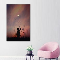 beautiful sky printed, sunset canvas art, sky art, moon landscape canvas art, sky landscape printed, girl silhouette pos