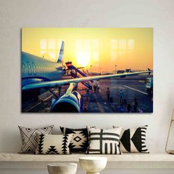 Glass Wall Decor, Mural Art, Tempered Glass, Aircraft In Airport At Sunset Wall Art, View Glass, Airplane Glass, Airport