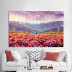 wall art, wall decor, glass art, woman in flower field painting, woman glass wall art, spring landscape tempered glass,