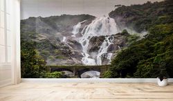Waterfall Wall Painting,3d Wall Paper,Wall Paper Peel and Stick,Custom Wall Paper,Old Bridge Landscape Wall Paper,