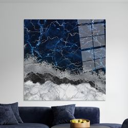 alcohol ink wall decor,glass wall art modern,mural art,glass,blue and silver wall art,navy blue marble tempered glass,