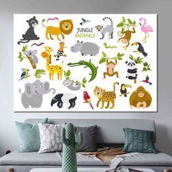 safari animals canvas art, kids animals wall art, playroom art canvas, kids artwork, jungle animal canvas, baby room art