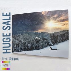 winter canvas, sunset landscape table, snow landscape art, gift canvas, mountain canvas, nature wall art, 3d canvas art,