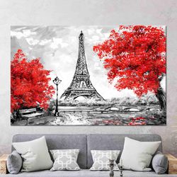Eiffel and Red Tree Wall Art, Eiffel Tower Wall Decor, Red Leaves Printed, Glass Wall Art, 3D Canvas Art, Wall Hanging,