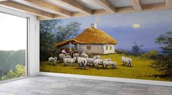 paper wall artmodern wall paper,animal landscape wall painting,custom wall paper,village landscape,village view wall dec
