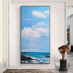 large original seascape canvas wall art, impressionist sky and clouds oil painting on canvas, modern coastal wall art fo