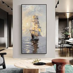 Large Abstract Sailboat Oil Painting on Canvas, Original Sunrise and Seascape Canvas Wall Art, Modern Nautical Wall Art