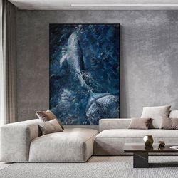 original whale oil painting on canvas, large abstract seascape canvas wall art, modern animal wall art for living room,