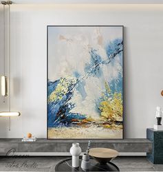 large abstract acrylic painting on canvas, original blue and white abstract canvas art, modern minimalist wall art for l