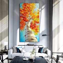 abstract tree oil painting on canvas, large original birch tree canvas wall art, modern autumn landscape wall art for li