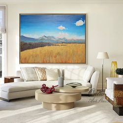 Large Abstract Landscape Oil Painting on Canvas, Blue Sky and Mountains Canvas Wall Art,  Modern Scenery Painting for Li