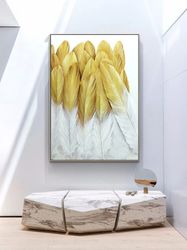 Abstract Gold and White Feather Canvas Wall Art, Original Animal Feather Oil Painting on Canvas, Modern Minimalist Artwo