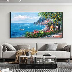 impressionist mediterranean-sea canvas art, original mediterranean landscape oil painting on canvas, textured coastal wa