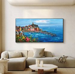 original mediterranean landscape oil painting on canvas, impressionist mediterranean-sea canvas art, textured coastal wa