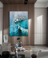 Abstract Ocean Waves Canvas Wall Art, Textured Waves Oil Painting on Canvas, Original Seascape Wall Art, Modern Blue Pai