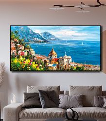 large mediterranean landscape oil painting on canvas, impressionist mediterranean-sea canvas art, textured coastal wall