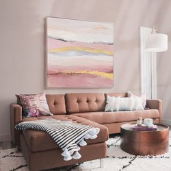 Pink and Gold Abstract Painting, Minimalist Canvas Wall Art, Modern Acrylic Painting on Canvas, Original Art for Living