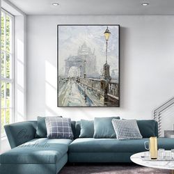 abstract cityscape canvas wall art, large original bridge landscape acrylic painting on canvas, london impressionist oil