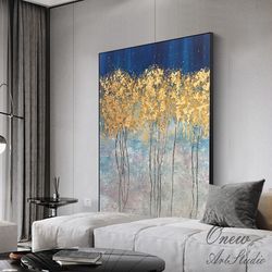 abstract gold trees canvas wall art, original autumn landscape oil painting on canvas, modern forest wall art for living
