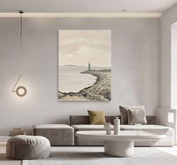 impressionist cape and lighthouse canvas art, abstract seascape oil painting on canvas, original textured coastal wall a