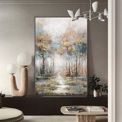 Large Abstract Landscape Oil Painting on Canvas, Original Blue and gold Trees Canvas Wall Art,Modern Forest Wall Art for
