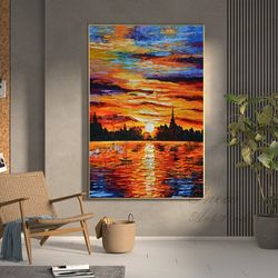 Sunset Abstract Canvas Wall Art, Orange Clouds and Blue Sky Painting on Canvas, Large Seascape Wall Art, Original Coasta