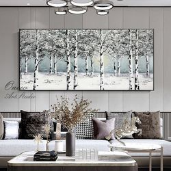 original birch trees canvas wall art, abstract snow scenery oil painting on canvas, large forest wall art, modern winter
