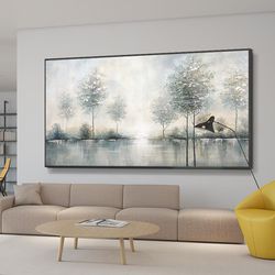 Original Landscape Oil Painting on canvas, Abstract Trees and Lake Painting, Large Forest Canvas Wall Art, Modern Nature
